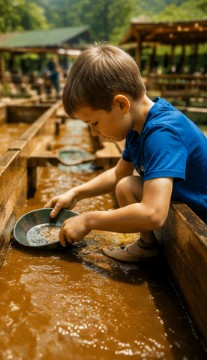 Child panning for gems at a mining attraction in Broken Bow, Oklahoma.