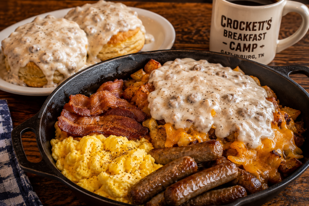 Hearty Southern breakfast at Crockett's Breakfast Camp in Gatlinburg, Tennessee