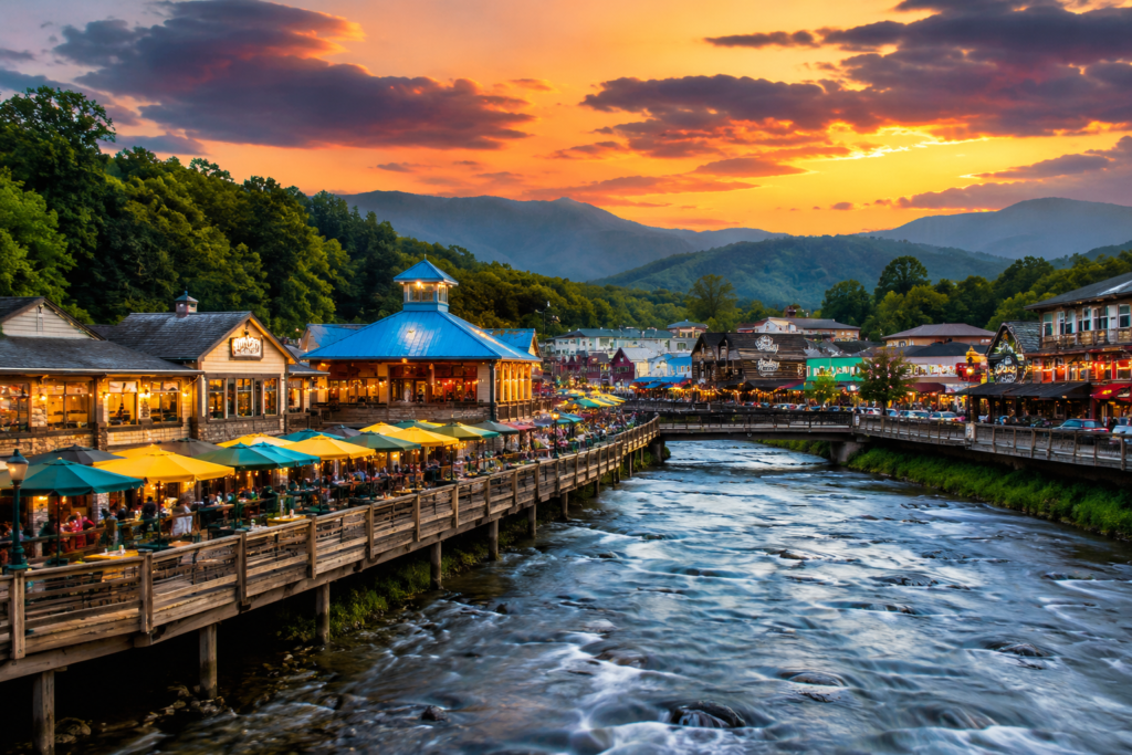 Downtown Gatlinburg along the Little Pigeon River with the Smoky Mountains in the background at sunset.