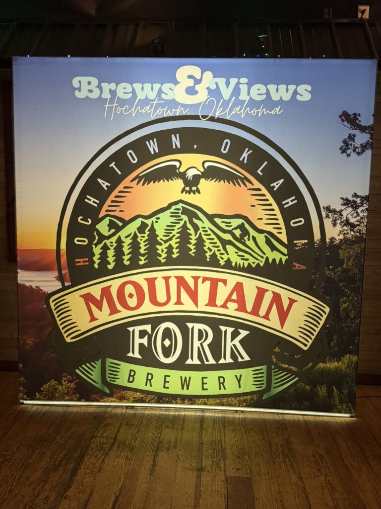 Outdoor seating and craft beer at Mountain Fork Brewery in Broken Bow, Oklahoma.