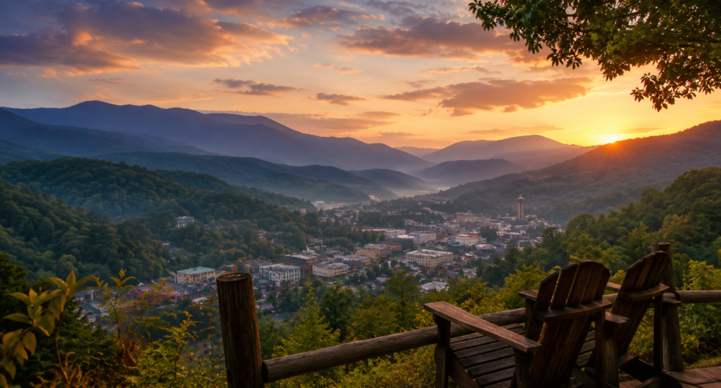 Panoramic view of Gatlinburg and the Smoky Mountains at sunset, comparing where to stay in Gatlinburg, Pigeon Forge, and Sevierville.