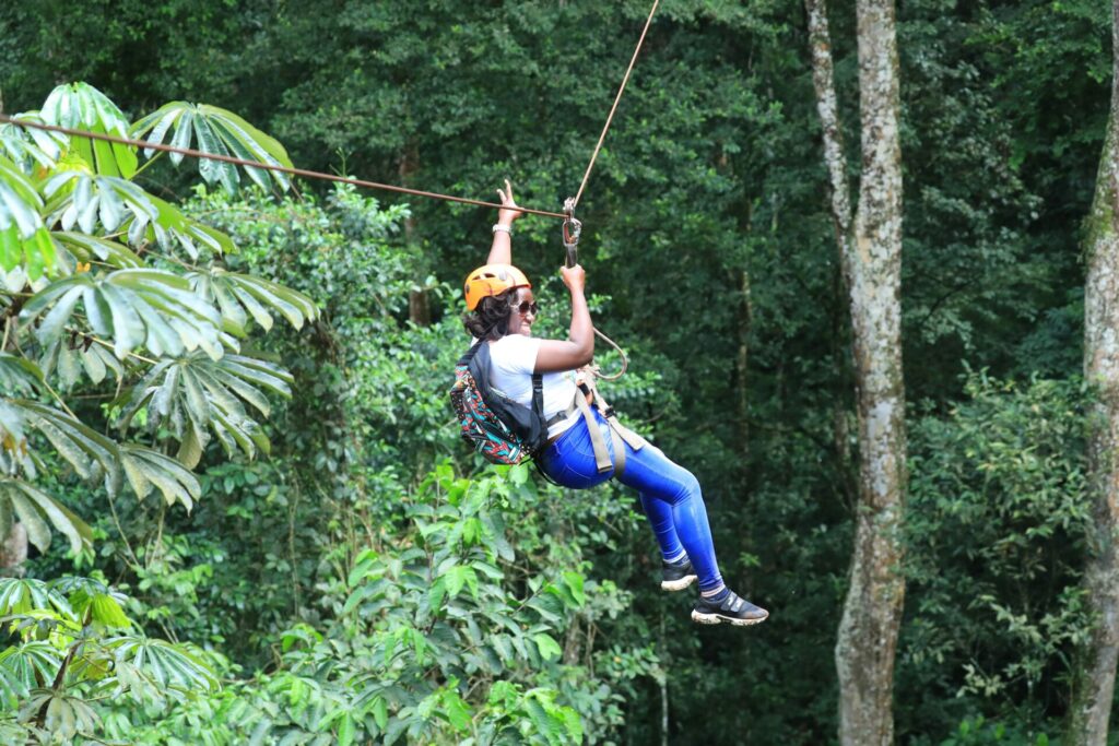 Guest ziplining through the forest in Broken Bow, Oklahoma.