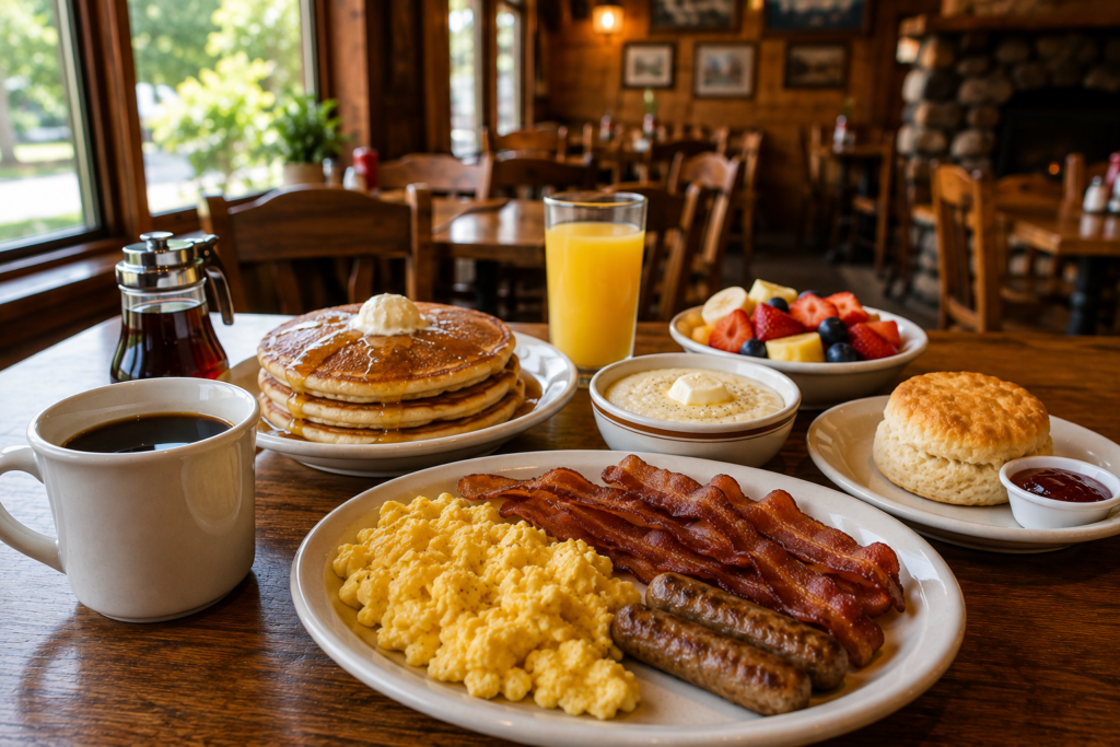 Family-friendly breakfast at Flapjack's Pancake Cabin in Gatlinburg, Tennessee.