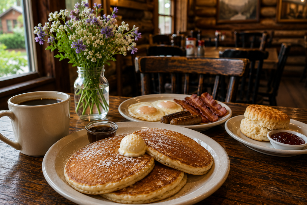 Homemade pancakes and breakfast at Log Cabin Pancake House in Gatlinburg, Tennessee.
