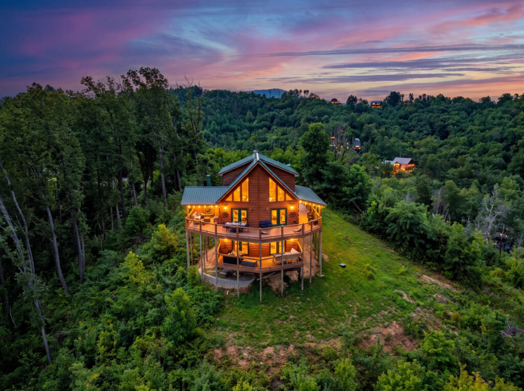 Aerial twilight view of Bear Ridge Escape in the Smoky Mountains
