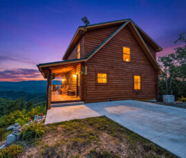 Bear Ridge Escape cabin at twilight with Smoky Mountain views