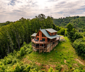 Aerial view of Bear Ridge Escape surrounded by the Smoky Mountains