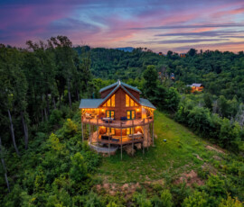 Aerial twilight view of Bear Ridge Escape in the Smoky Mountains